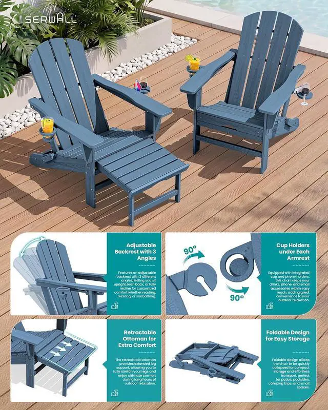 Alt view image 4 of 7 - Folding Adjustable Adirondack Chairs with Footrest Set of 2, HDPE Outdoor Chair with Dual Cup Holders, All Weather Adirondack Chair with Ottoman, Blue