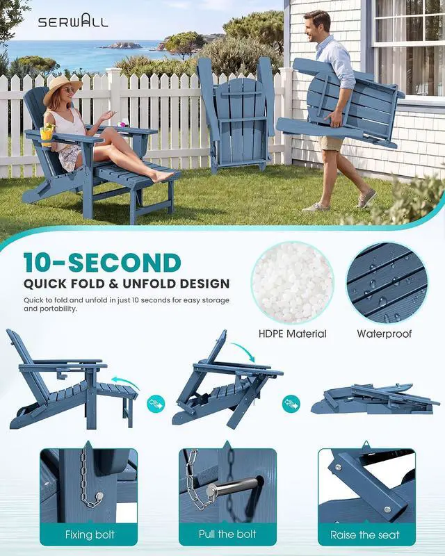 Alt view image 5 of 7 - Folding Adjustable Adirondack Chairs with Footrest Set of 2, HDPE Outdoor Chair with Dual Cup Holders, All Weather Adirondack Chair with Ottoman, Blue