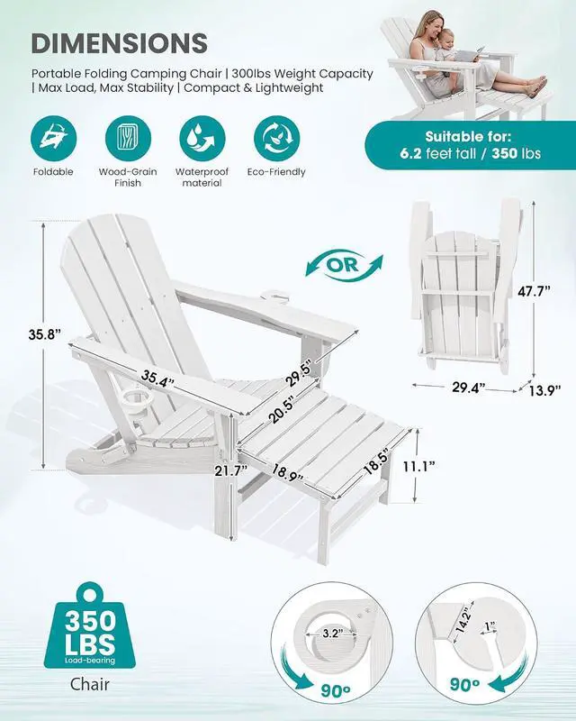 Alt view image 2 of 7 - Folding Adjustable Adirondack Chair with Footrest, HDPE Outdoor Chair with Dual Cup Holders, All Weather Adirondack Chair with Ottoman, White