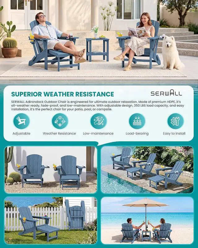 Alt view image 6 of 7 - Folding Adjustable Adirondack Chairs with Footrest Set of 2, HDPE Outdoor Chair with Dual Cup Holders, All Weather Adirondack Chair with Ottoman, Blue