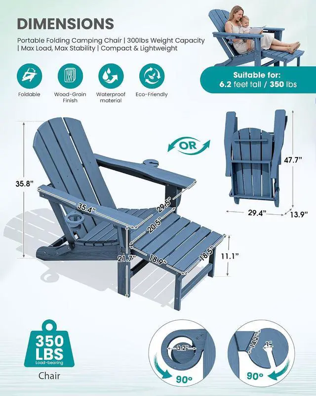 Alt view image 7 of 7 - Folding Adjustable Adirondack Chairs with Footrest Set of 2, HDPE Outdoor Chair with Dual Cup Holders, All Weather Adirondack Chair with Ottoman, Blue