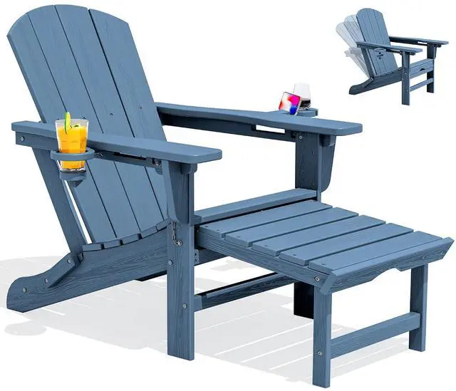 Main image of Folding Adjustable Adirondack Chair with Footrest, HDPE Outdoor Chair with Dual Cup Holders, All Weather Adirondack Chair with Ottoman, Blue