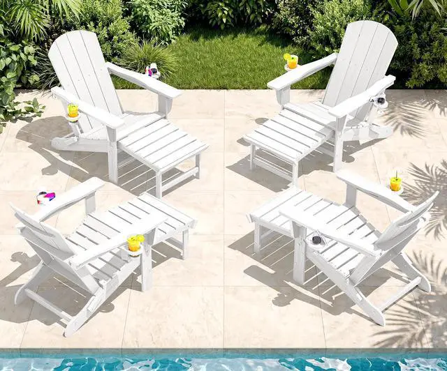 Main image of Folding Adjustable Adirondack Chairs with Footrest Set of 4, HDPE Outdoor Chair with Dual Cup Holders, All Weather Adirondack Chair with Ottoman, White