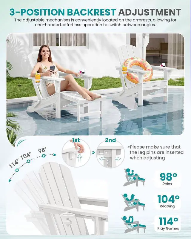 Alt view image 3 of 7 - Folding Adjustable Adirondack Chair with Footrest, HDPE Outdoor Chair with Dual Cup Holders, All Weather Adirondack Chair with Ottoman, White