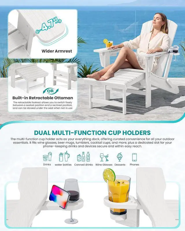Alt view image 4 of 7 - Folding Adjustable Adirondack Chair with Footrest, HDPE Outdoor Chair with Dual Cup Holders, All Weather Adirondack Chair with Ottoman, White