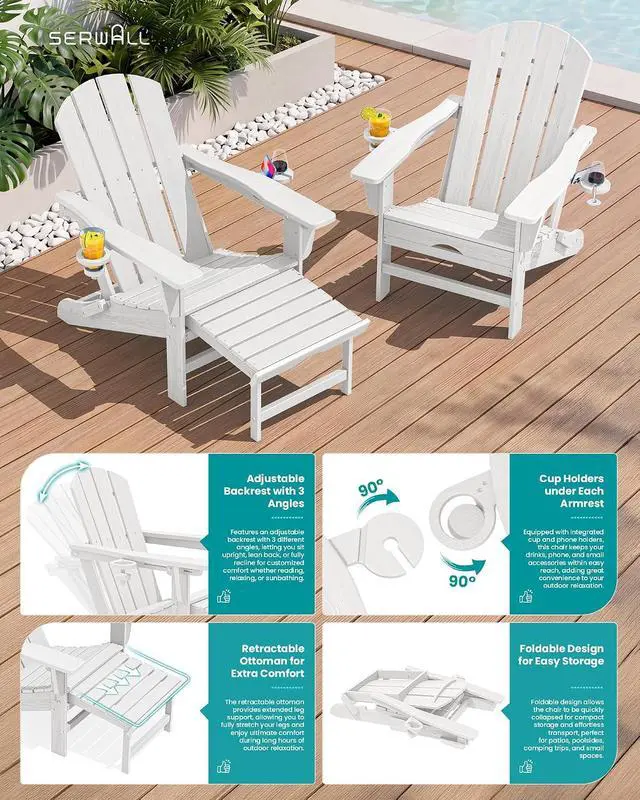Alt view image 5 of 7 - Folding Adjustable Adirondack Chair with Footrest, HDPE Outdoor Chair with Dual Cup Holders, All Weather Adirondack Chair with Ottoman, White