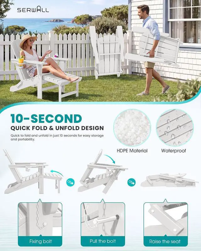 Alt view image 6 of 7 - Folding Adjustable Adirondack Chair with Footrest, HDPE Outdoor Chair with Dual Cup Holders, All Weather Adirondack Chair with Ottoman, White