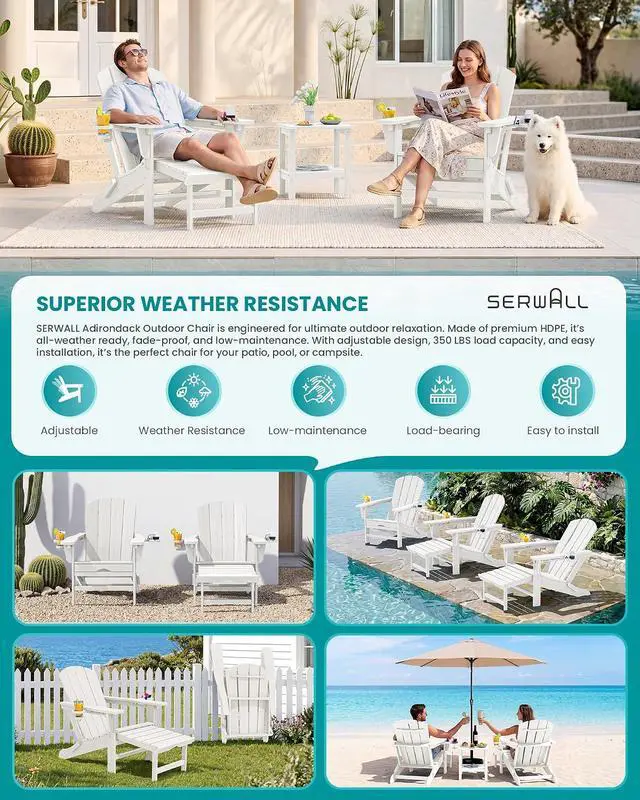 Alt view image 7 of 7 - Folding Adjustable Adirondack Chair with Footrest, HDPE Outdoor Chair with Dual Cup Holders, All Weather Adirondack Chair with Ottoman, White