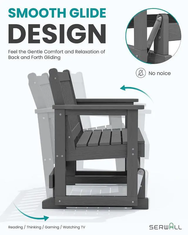 Alt view image 3 of 7 - Outdoor Glider Rocking Chair, HDPE All-Weather Resistant 2-Person Loveseat, Outdoor Rocking Bench Chair with 660LBS Capacity for Backyard Garden Porch, Grey