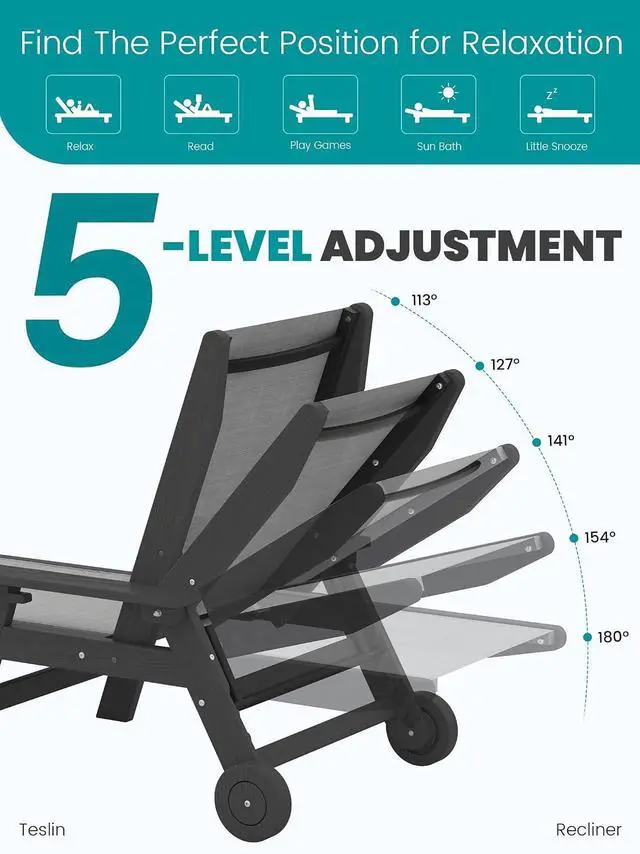 Alt view image 4 of 7 - Textilene Patio Chaise Lounge Chair Set of 2, HDPE Outdoor Lounger for Pool, Black