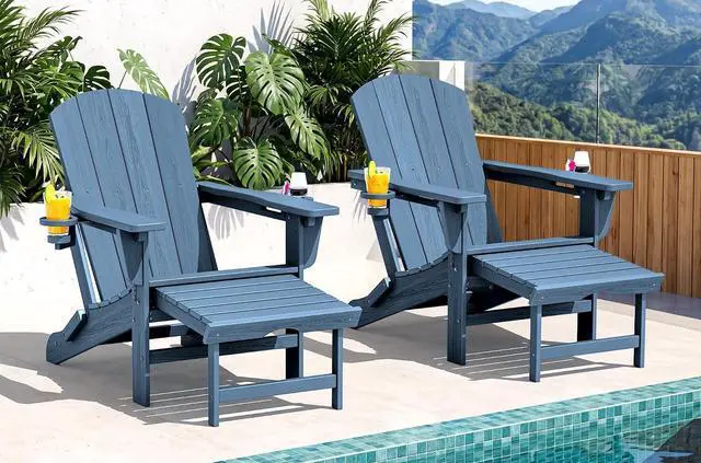Main image of Folding Adjustable Adirondack Chairs with Footrest Set of 2, HDPE Outdoor Chair with Dual Cup Holders, All Weather Adirondack Chair with Ottoman, Blue