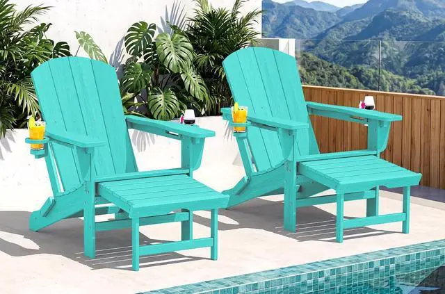 Main image of Folding Adjustable Adirondack Chairs with Footrest Set of 2, HDPE Outdoor Chair with Dual Cup Holders, All Weather Adirondack Chair with Ottoman, Aruba