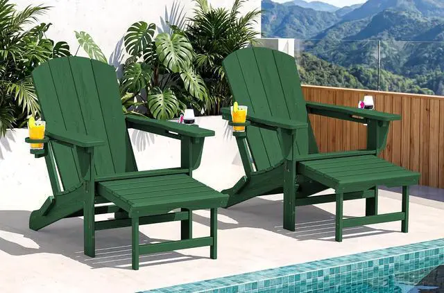 Main image of Folding Adjustable Adirondack Chairs with Footrest Set of 2, HDPE Outdoor Chair with Dual Cup Holders, All Weather Adirondack Chair with Ottoman, Green
