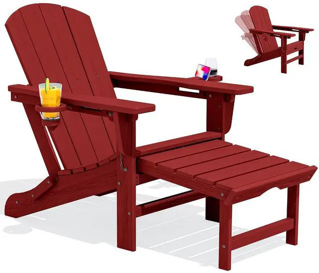 Main image of Folding Adjustable Adirondack Chair with Footrest, HDPE Outdoor Chair with Dual Cup Holders, All Weather Adirondack Chair with Ottoman, Red