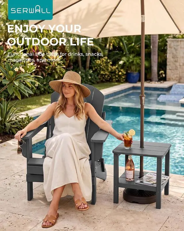 Alt view image 2 of 7 - Double Layer Adirondack Side Table with Umbrella Hole, HIPS Outdoor Side Table Rectangular End Tables for Patio, Poolside, Garden, Gray