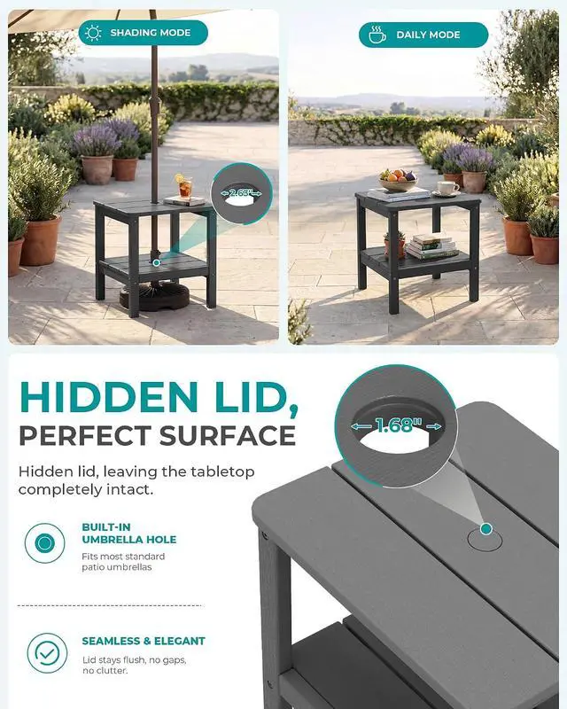 Alt view image 3 of 7 - Double Layer Adirondack Side Table with Umbrella Hole, HIPS Outdoor Side Table Rectangular End Tables for Patio, Poolside, Garden, Gray