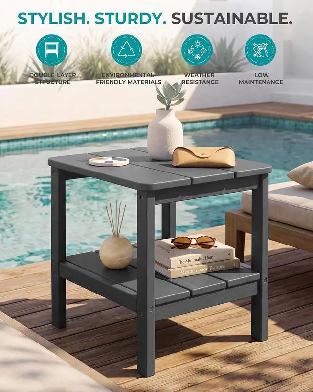 Alt view image 4 of 7 - Double Layer Adirondack Side Table with Umbrella Hole, HIPS Outdoor Side Table Rectangular End Tables for Patio, Poolside, Garden, Gray