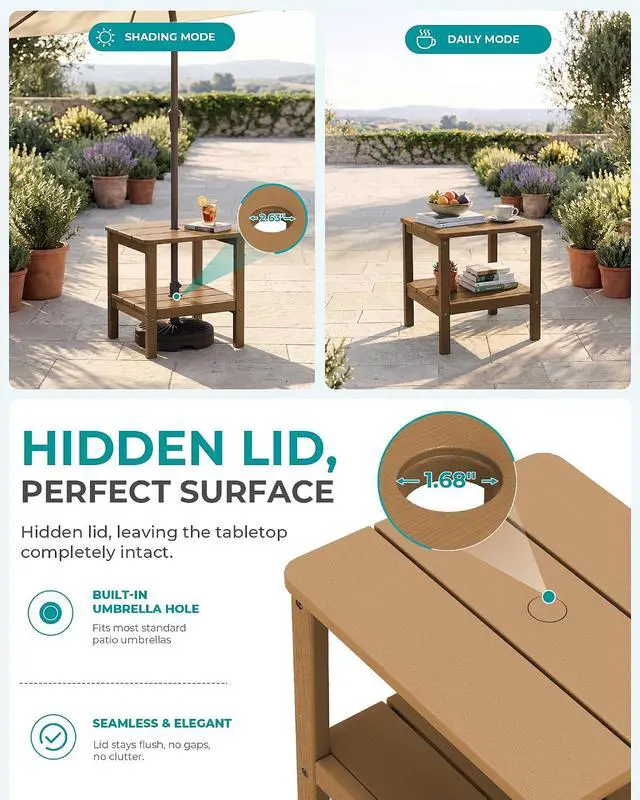 Alt view image 3 of 7 - Double Layer Adirondack Side Table with Umbrella Hole, HIPS Outdoor Side Table Rectangular End Tables for Patio, Poolside, Garden, Brown