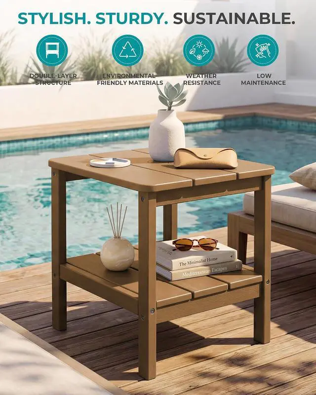 Alt view image 4 of 7 - Double Layer Adirondack Side Table with Umbrella Hole, HIPS Outdoor Side Table Rectangular End Tables for Patio, Poolside, Garden, Brown