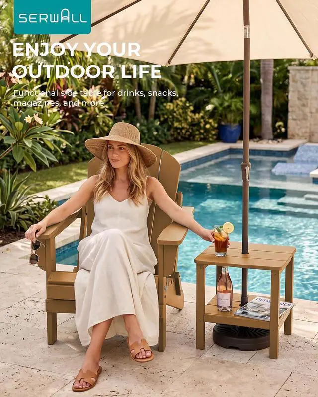 Alt view image 2 of 7 - Double Layer Adirondack Side Table with Umbrella Hole, HIPS Outdoor Side Table Rectangular End Tables for Patio, Poolside, Garden, Brown