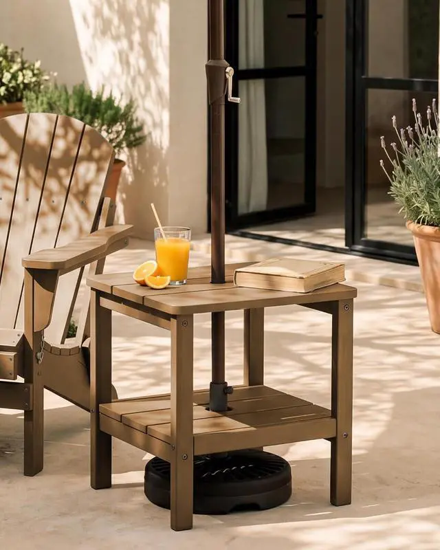Alt view image 6 of 7 - Double Layer Adirondack Side Table with Umbrella Hole, HIPS Outdoor Side Table Rectangular End Tables for Patio, Poolside, Garden, Brown