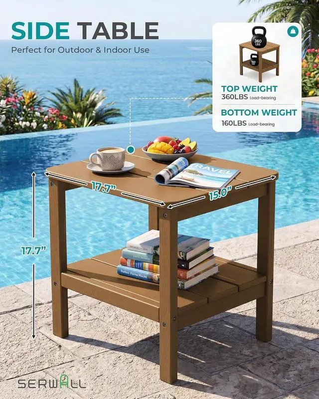 Alt view image 5 of 7 - Double Layer Adirondack Side Table with Umbrella Hole, HIPS Outdoor Side Table Rectangular End Tables for Patio, Poolside, Garden, Brown