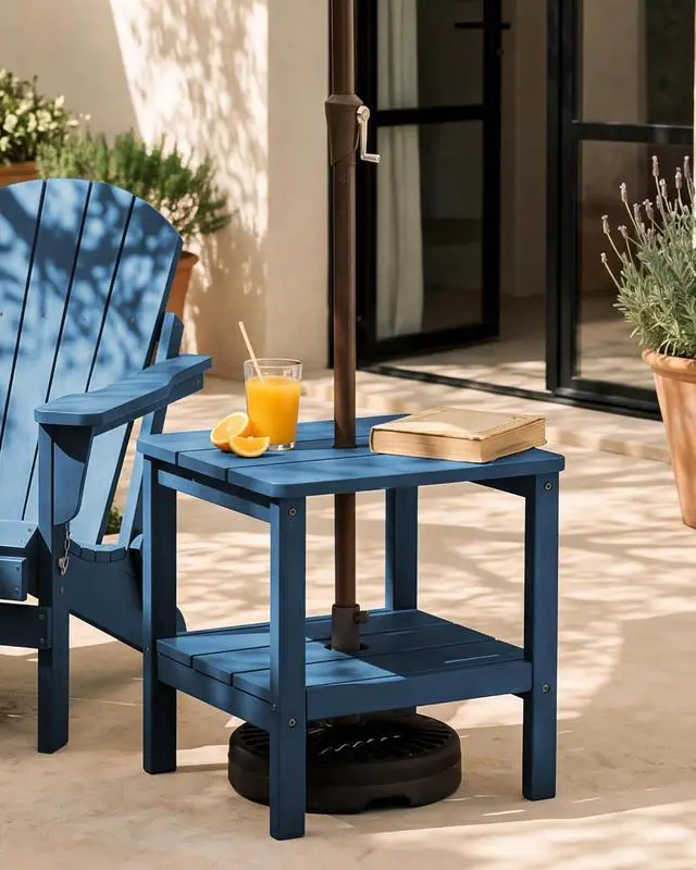 Alt view image 2 of 6 - Double Layer Adirondack Side Table with Umbrella Hole, HIPS Outdoor Side Table Rectangular End Tables for Patio, Poolside, Garden, Blue