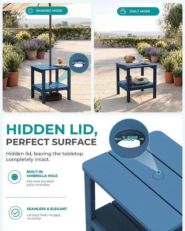 Alt view image 3 of 6 - Double Layer Adirondack Side Table with Umbrella Hole, HIPS Outdoor Side Table Rectangular End Tables for Patio, Poolside, Garden, Blue