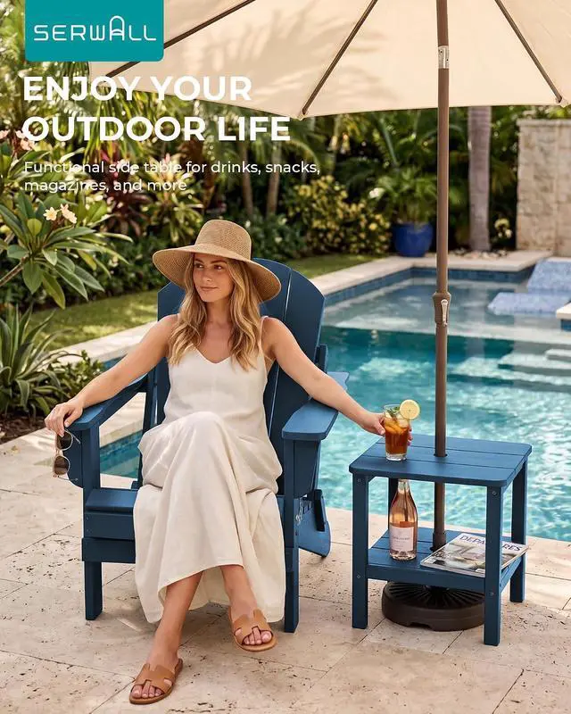 Alt view image 4 of 6 - Double Layer Adirondack Side Table with Umbrella Hole, HIPS Outdoor Side Table Rectangular End Tables for Patio, Poolside, Garden, Blue