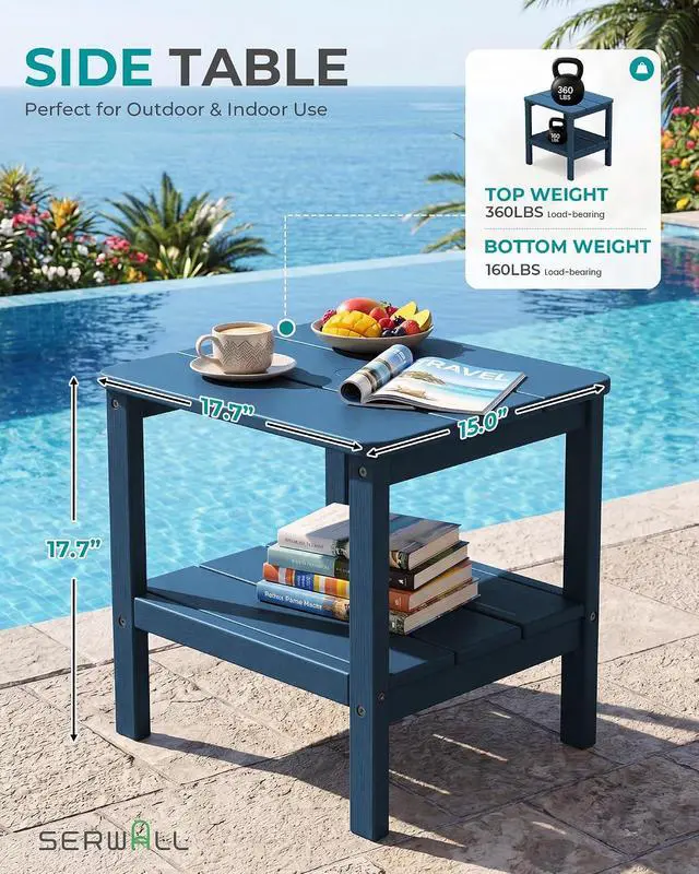 Alt view image 5 of 6 - Double Layer Adirondack Side Table with Umbrella Hole, HIPS Outdoor Side Table Rectangular End Tables for Patio, Poolside, Garden, Blue