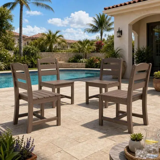 Main image of Outdoor HDPE Armless Dining Chairs Set of 4, All-Weather Patio Dining Chairs for 4 with Widened Seat and Curved Backerst for Garden Backyard Deck, Brown