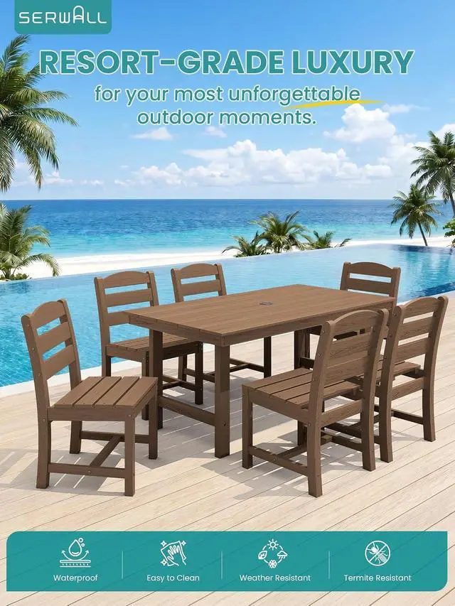 Alt view image 6 of 7 - Outdoor HDPE Armless Dining Chairs Set of 4, All-Weather Patio Dining Chairs for 4 with Widened Seat and Curved Backerst for Garden Backyard Deck, Brown