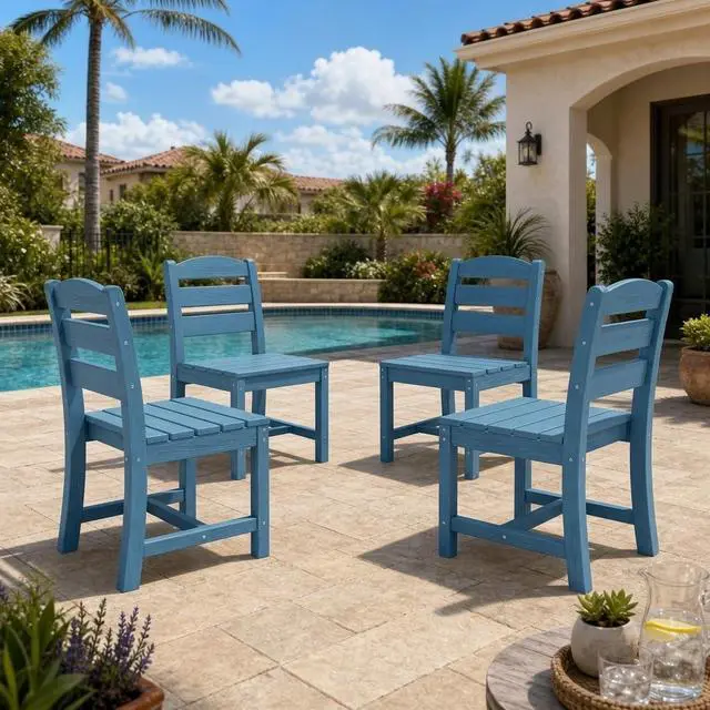 Main image of Outdoor HDPE Armless Dining Chairs Set of 4, All-Weather Patio Dining Chairs for 4 with Widened Seat and Curved Backerst for Garden Backyard Deck, Blue