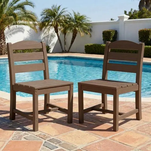 Main image of Outdoor HDPE Armless Dining Chairs Set of 2, All-Weather Patio Dining Chairs for 2 with Widened Seat and Curved Backerst for Garden Backyard Deck, Brown