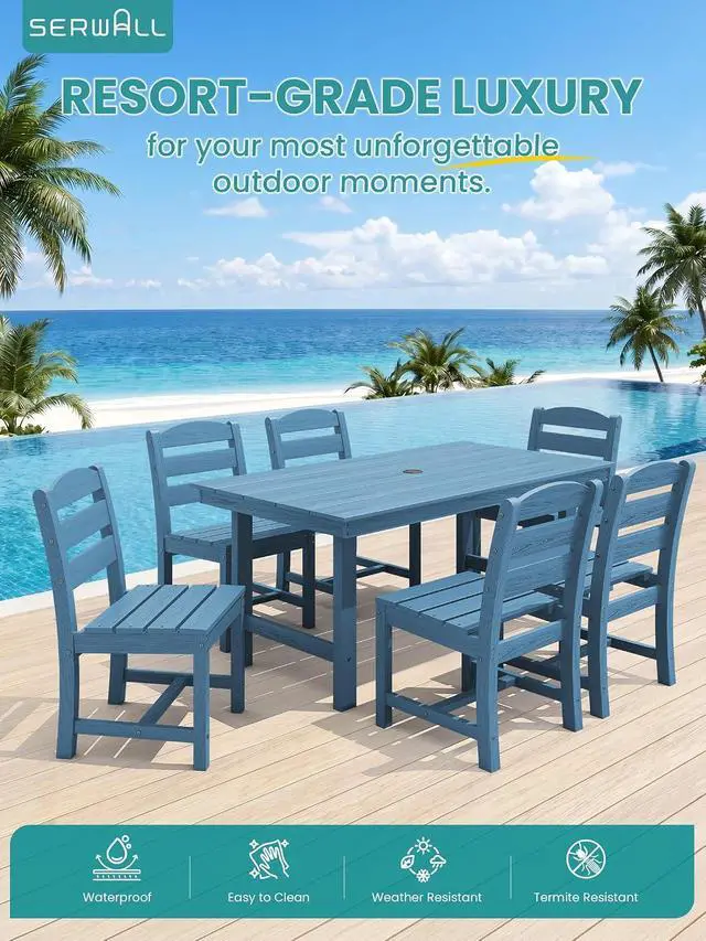 Alt view image 6 of 7 - Outdoor HDPE Armless Dining Chairs Set of 4, All-Weather Patio Dining Chairs for 4 with Widened Seat and Curved Backerst for Garden Backyard Deck, Blue