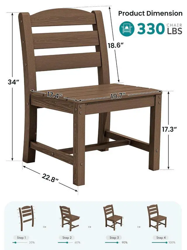 Alt view image 2 of 7 - Outdoor HDPE Armless Dining Chairs Set of 4, All-Weather Patio Dining Chairs for 4 with Widened Seat and Curved Backerst for Garden Backyard Deck, Brown