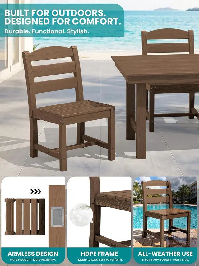 Alt view image 4 of 7 - Outdoor HDPE Armless Dining Chairs Set of 4, All-Weather Patio Dining Chairs for 4 with Widened Seat and Curved Backerst for Garden Backyard Deck, Brown