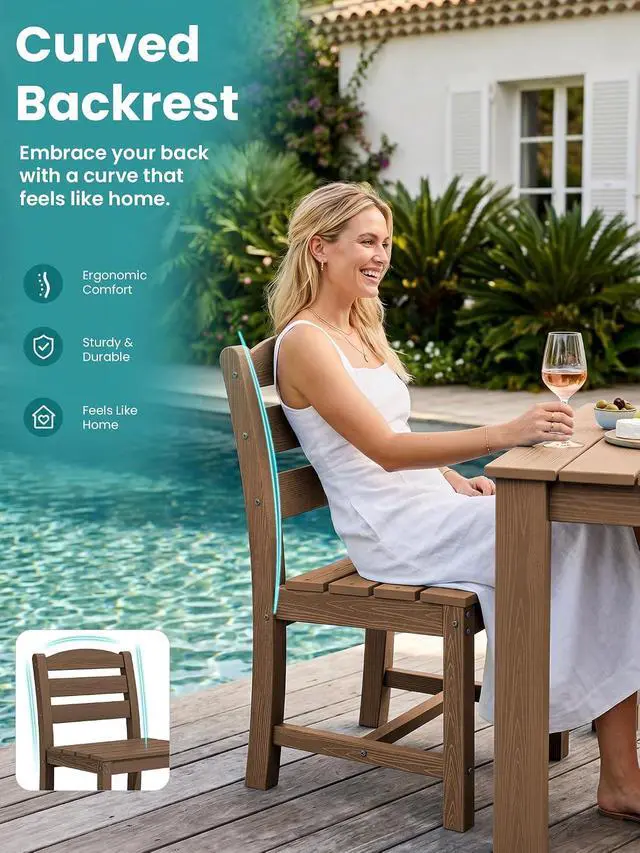 Alt view image 5 of 7 - Outdoor HDPE Armless Dining Chairs Set of 4, All-Weather Patio Dining Chairs for 4 with Widened Seat and Curved Backerst for Garden Backyard Deck, Brown