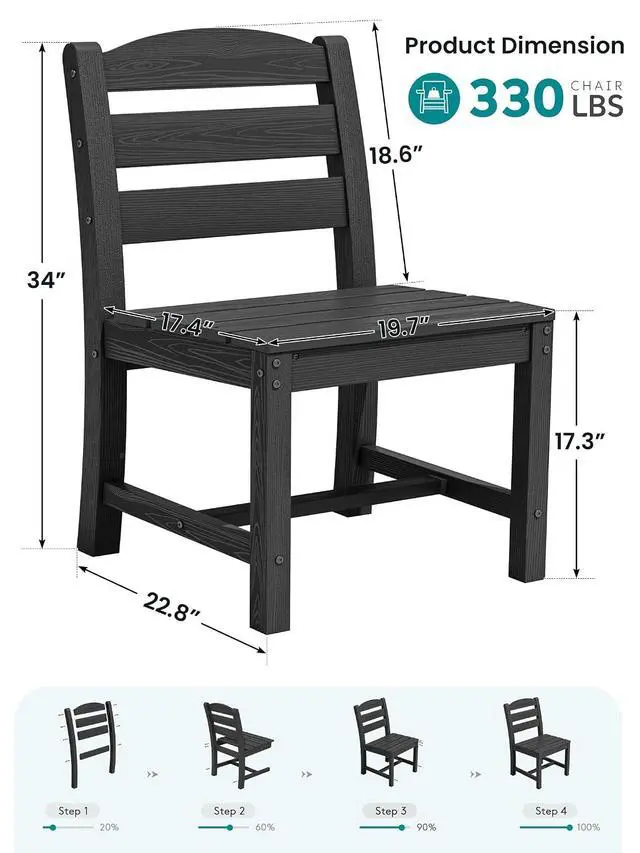 Alt view image 2 of 7 - Outdoor HDPE Armless Dining Chairs Set of 2, All-Weather Patio Dining Chairs for 2 with Widened Seat and Curved Backerst for Garden Backyard Deck, Black