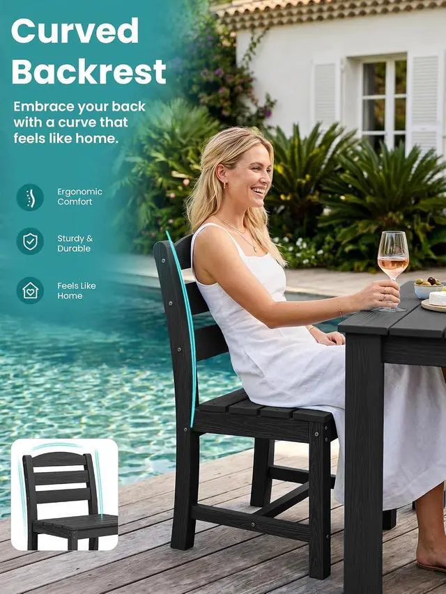 Alt view image 4 of 7 - Outdoor HDPE Armless Dining Chairs Set of 2, All-Weather Patio Dining Chairs for 2 with Widened Seat and Curved Backerst for Garden Backyard Deck, Black