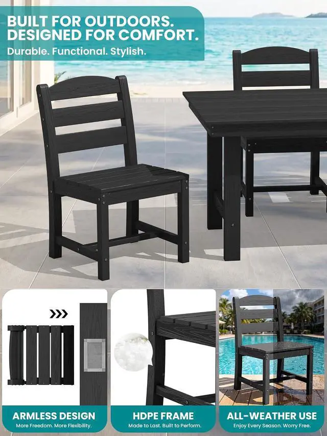 Alt view image 5 of 7 - Outdoor HDPE Armless Dining Chairs Set of 2, All-Weather Patio Dining Chairs for 2 with Widened Seat and Curved Backerst for Garden Backyard Deck, Black