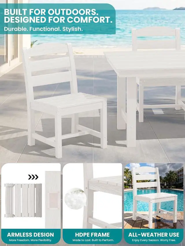 Alt view image 4 of 7 - Outdoor HDPE Armless Dining Chairs Set of 2, All-Weather Patio Dining Chairs for 2 with Widened Seat and Curved Backerst for Garden Backyard Deck, White