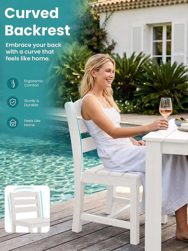 Alt view image 5 of 7 - Outdoor HDPE Armless Dining Chairs Set of 2, All-Weather Patio Dining Chairs for 2 with Widened Seat and Curved Backerst for Garden Backyard Deck, White