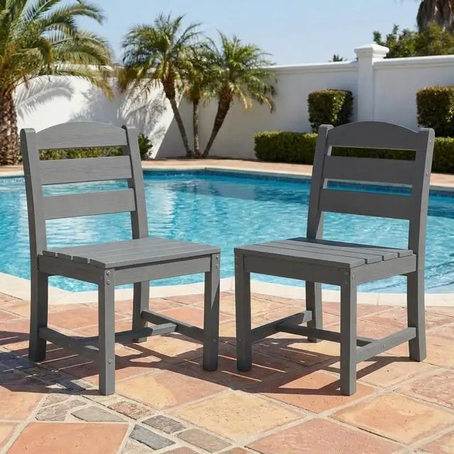 Main image of Outdoor HDPE Armless Dining Chairs Set of 2, All-Weather Patio Dining Chairs for 2 with Widened Seat and Curved Backerst for Garden Backyard Deck, Grey