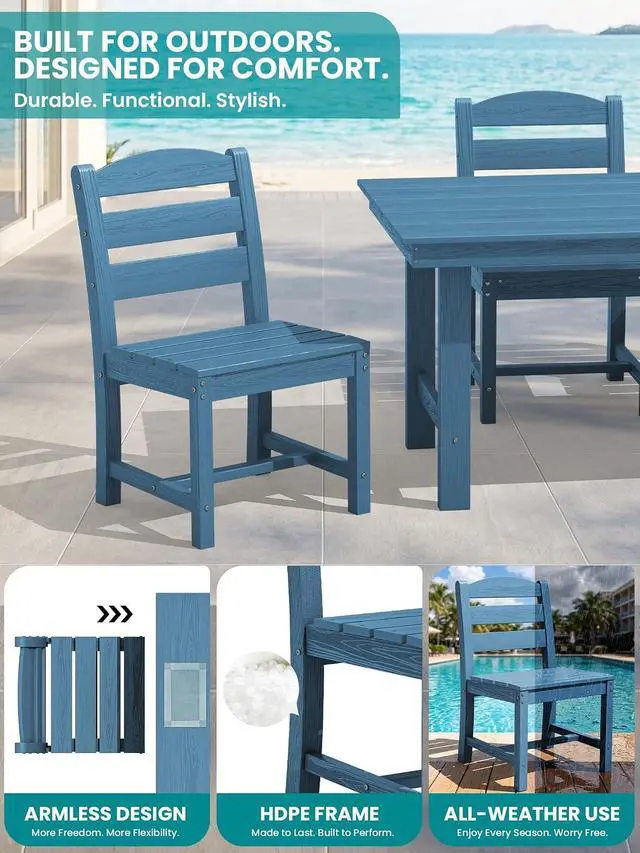 Alt view image 4 of 7 - Outdoor HDPE Armless Dining Chairs Set of 4, All-Weather Patio Dining Chairs for 4 with Widened Seat and Curved Backerst for Garden Backyard Deck, Blue