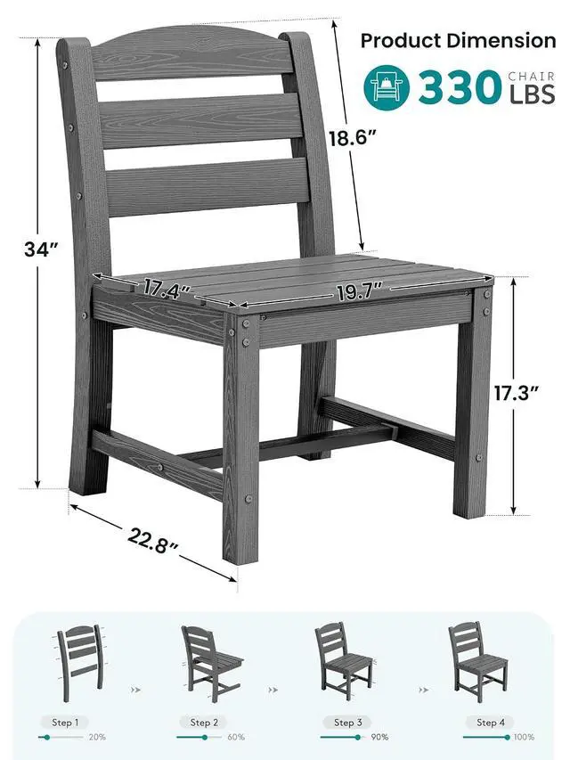 Alt view image 2 of 7 - Outdoor HDPE Armless Dining Chairs Set of 4, All-Weather Patio Dining Chairs for 4 with Widened Seat and Curved Backerst for Garden Backyard Deck, Grey