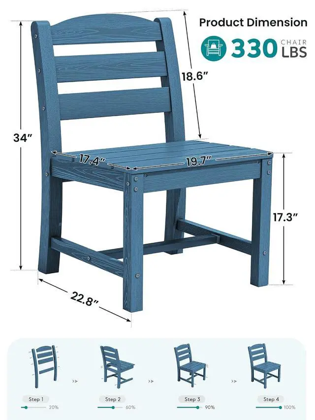 Alt view image 2 of 7 - Outdoor HDPE Armless Dining Chairs Set of 4, All-Weather Patio Dining Chairs for 4 with Widened Seat and Curved Backerst for Garden Backyard Deck, Blue