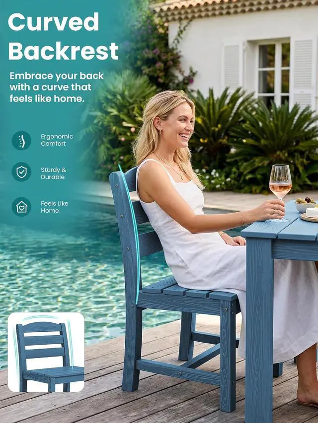 Alt view image 5 of 7 - Outdoor HDPE Armless Dining Chairs Set of 4, All-Weather Patio Dining Chairs for 4 with Widened Seat and Curved Backerst for Garden Backyard Deck, Blue