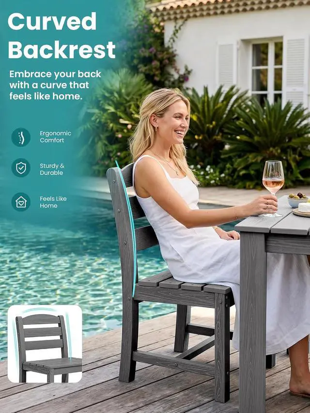 Alt view image 5 of 7 - Outdoor HDPE Armless Dining Chairs Set of 4, All-Weather Patio Dining Chairs for 4 with Widened Seat and Curved Backerst for Garden Backyard Deck, Grey