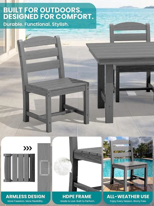Alt view image 4 of 7 - Outdoor HDPE Armless Dining Chairs Set of 4, All-Weather Patio Dining Chairs for 4 with Widened Seat and Curved Backerst for Garden Backyard Deck, Grey